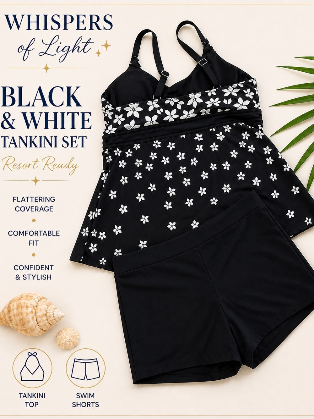 NWOT Black & White Tankini Swim Set XXL Floral Top + Swim Shorts Modest Fit